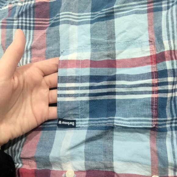 Barbour Shirt Mens XL Blue Plaid Linen Blend Button Up Short Sleeve Prep… - Picture 5 of 6